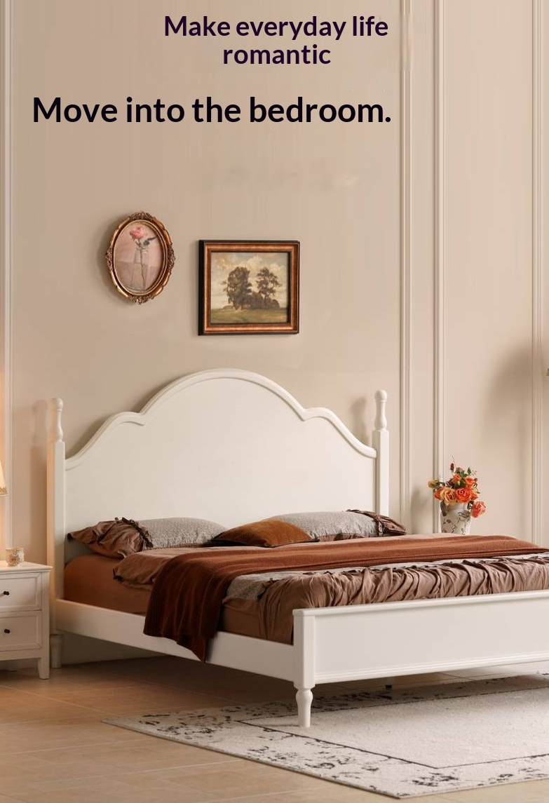 Rubberwood Solid Wood Bed American Retro Cream Style
