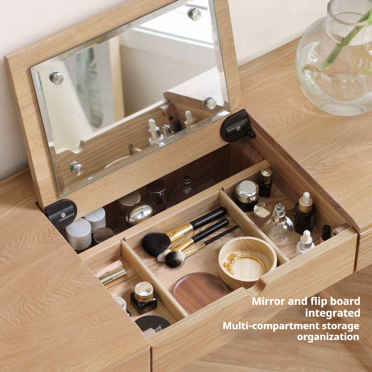 Ash Solid Wood Small Flip Vanity Table.