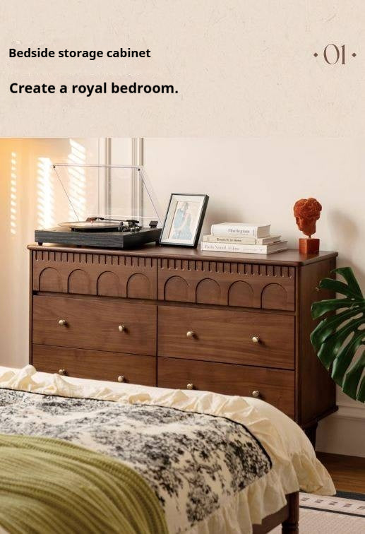 Black Walnut, Poplar, Solid Rubberwood French Retro Chest of Drawers