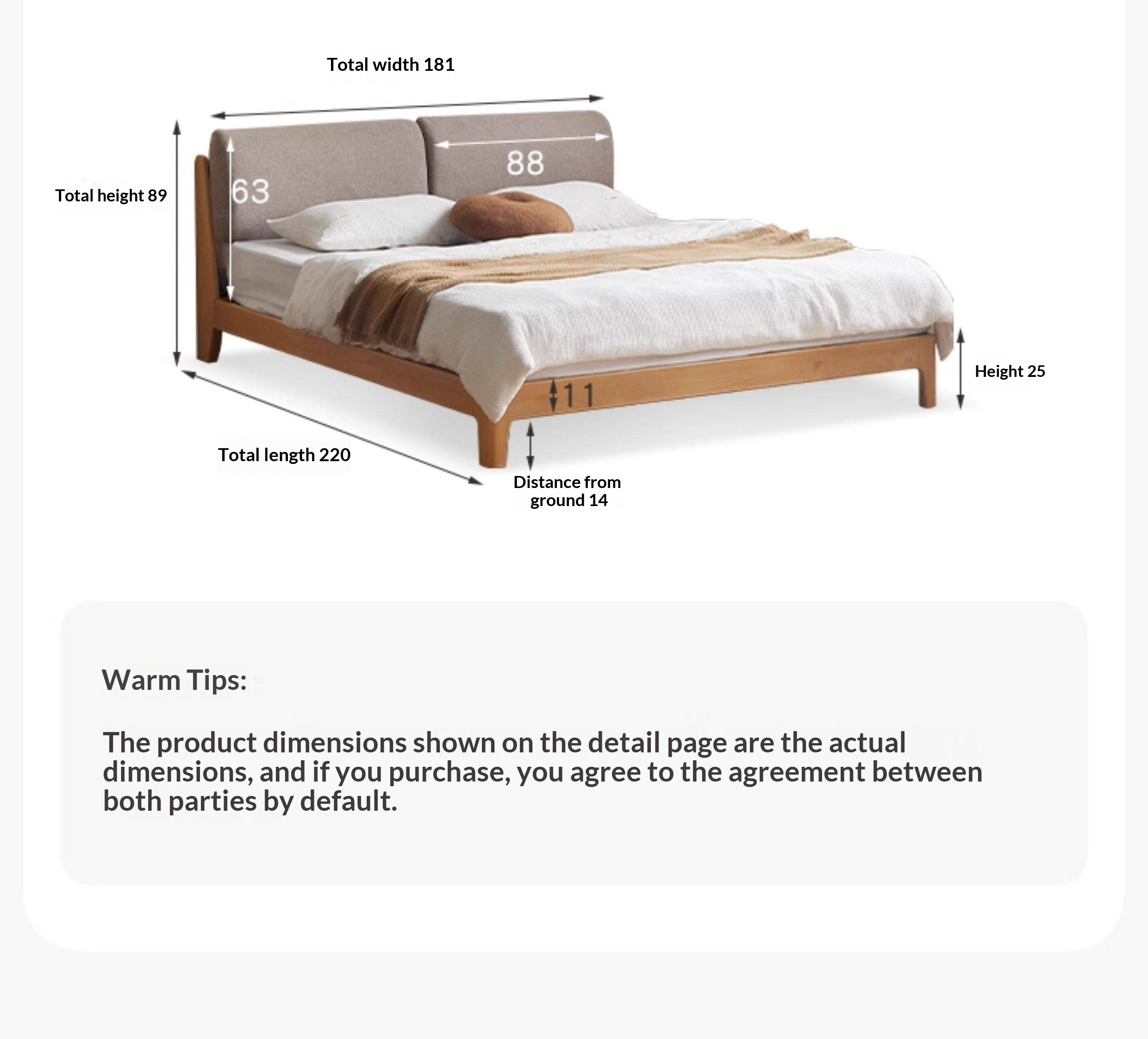 Beech Solid Wood Upholstered King Bed — Soft Headboard with Fabric Upholstery