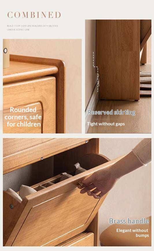Oak Solid Wood Flip-Front Shoe Cabinet with Compact Vertical Design
