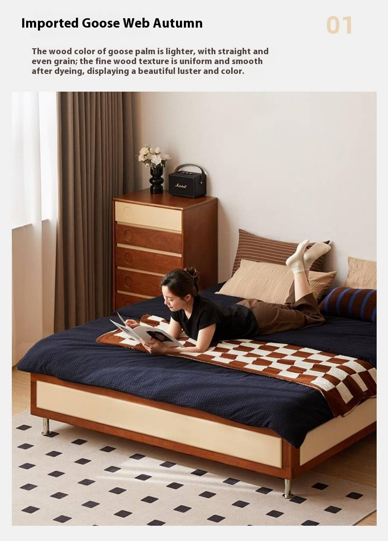 Poplar Solid Wood Bauhaus Style Platform Bed, Headboard-Free Bed