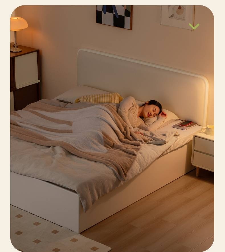 Rubberwood Solid Wood Bed Modern Minimalist Box Bed White Cream Style