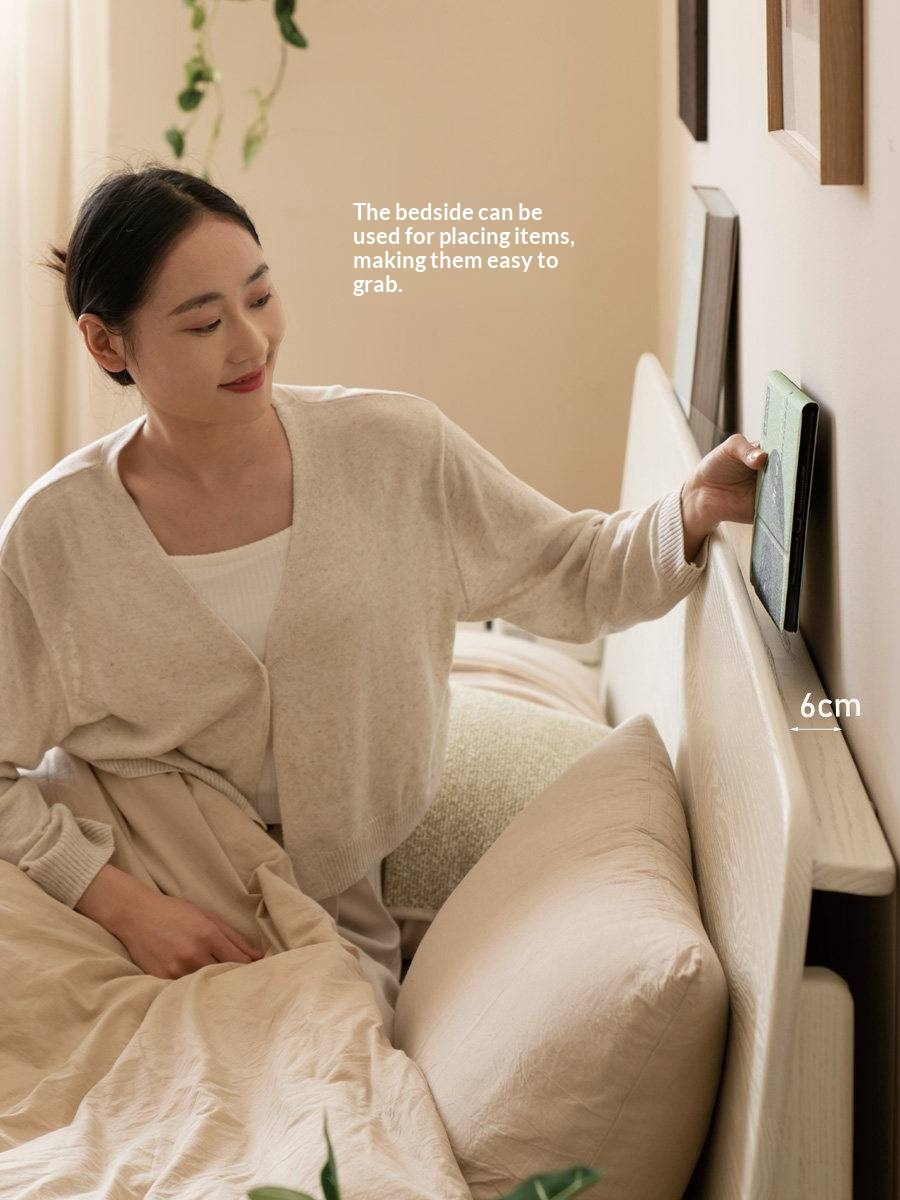 Oak Solid Wood Bed — Cream Style with Slanted Backrest