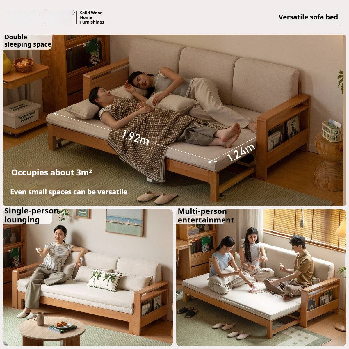 Oak, Beech Solid Wood Multifunctional Storage Sofa Bed