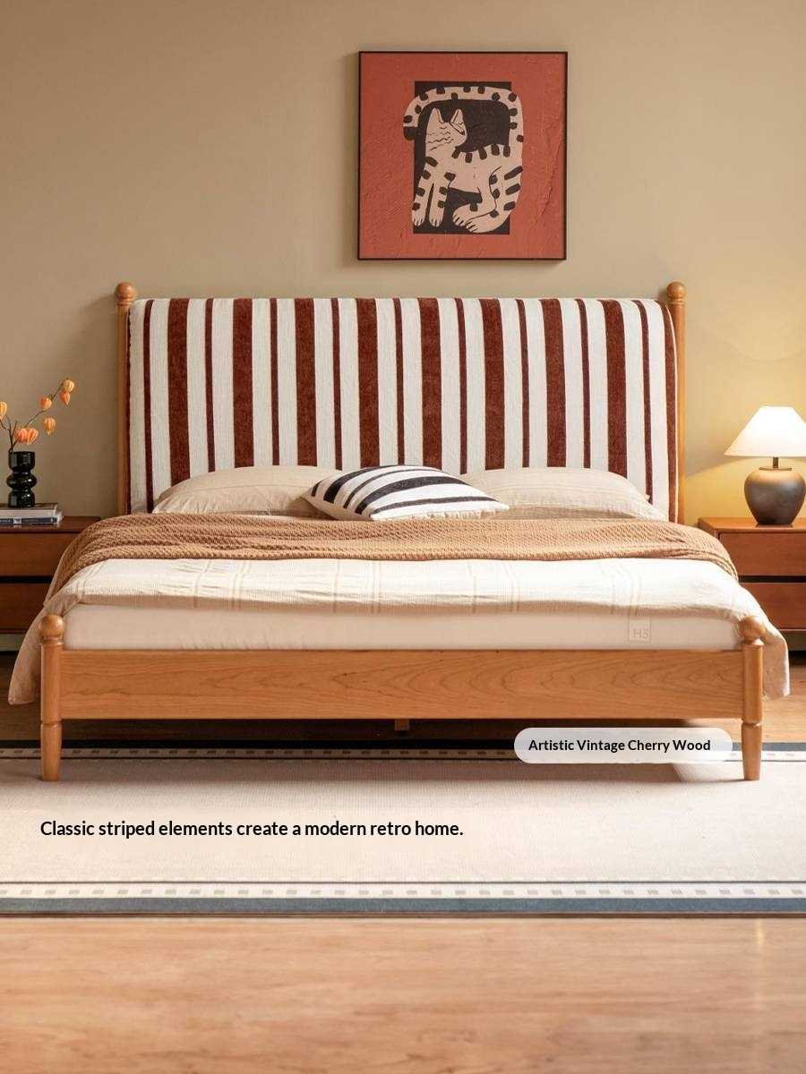 Cherry Solid Wood Fabric Upholstered Bed