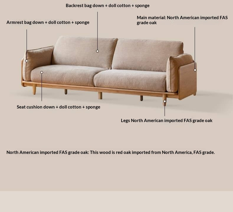 Oak, Ash Solid Wood Sofa with Exposed Wide Arms, High-Back, Genuine leather -fabric