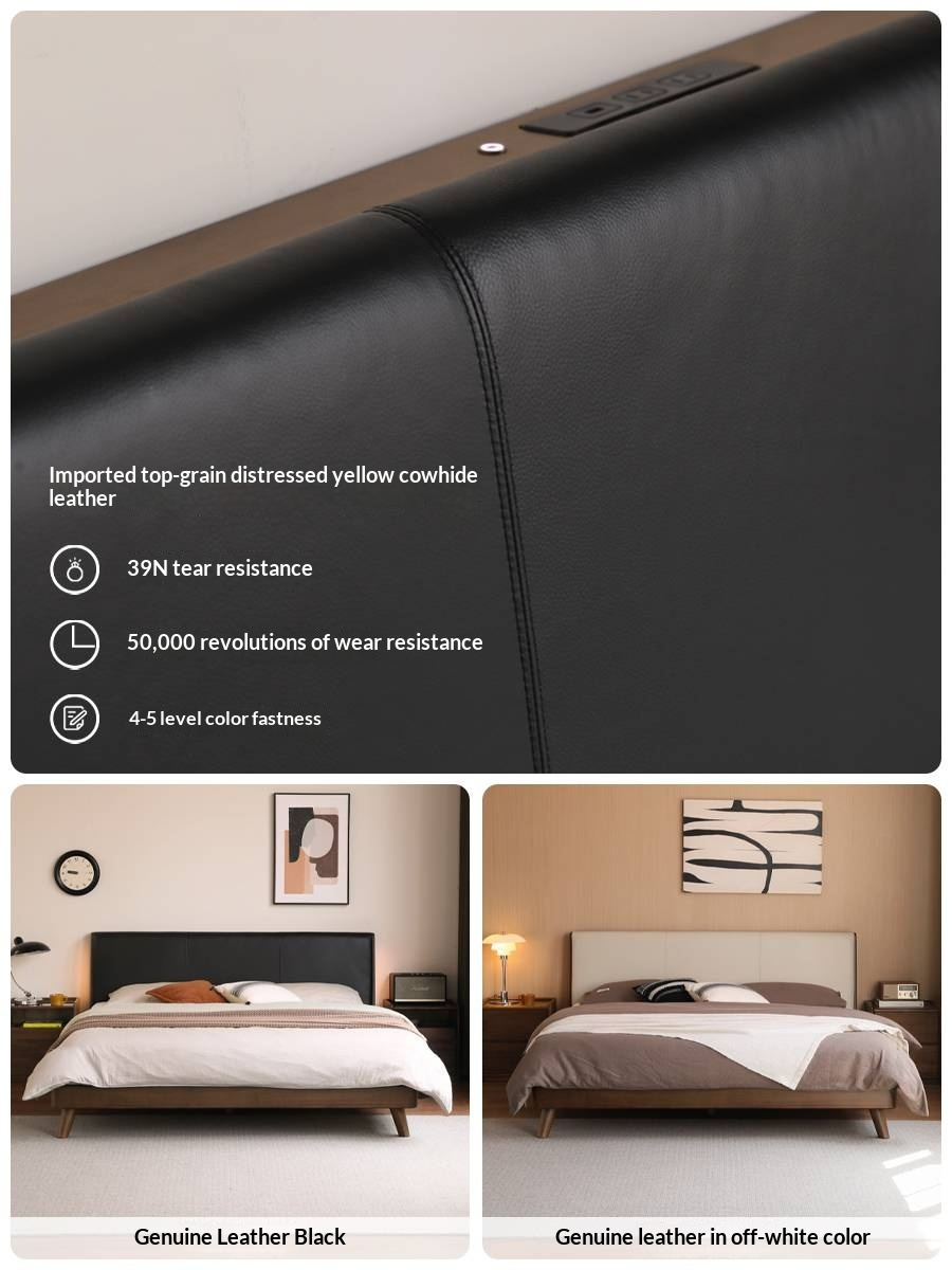 Black Walnut Solid Wood Genuine Leather Upholstered Bed