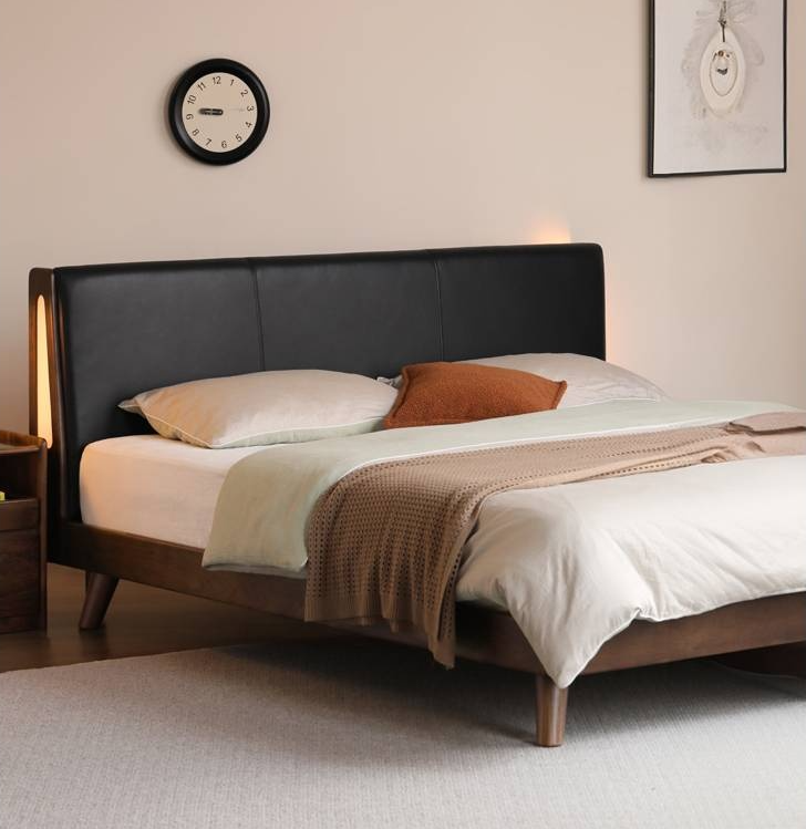 Black Walnut Solid Wood Genuine Leather Upholstered Bed