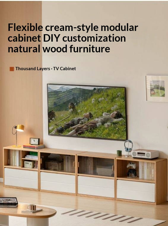 Oak Solid Wood Modular TV Cabinet System with Two-Tone Sliding Doors