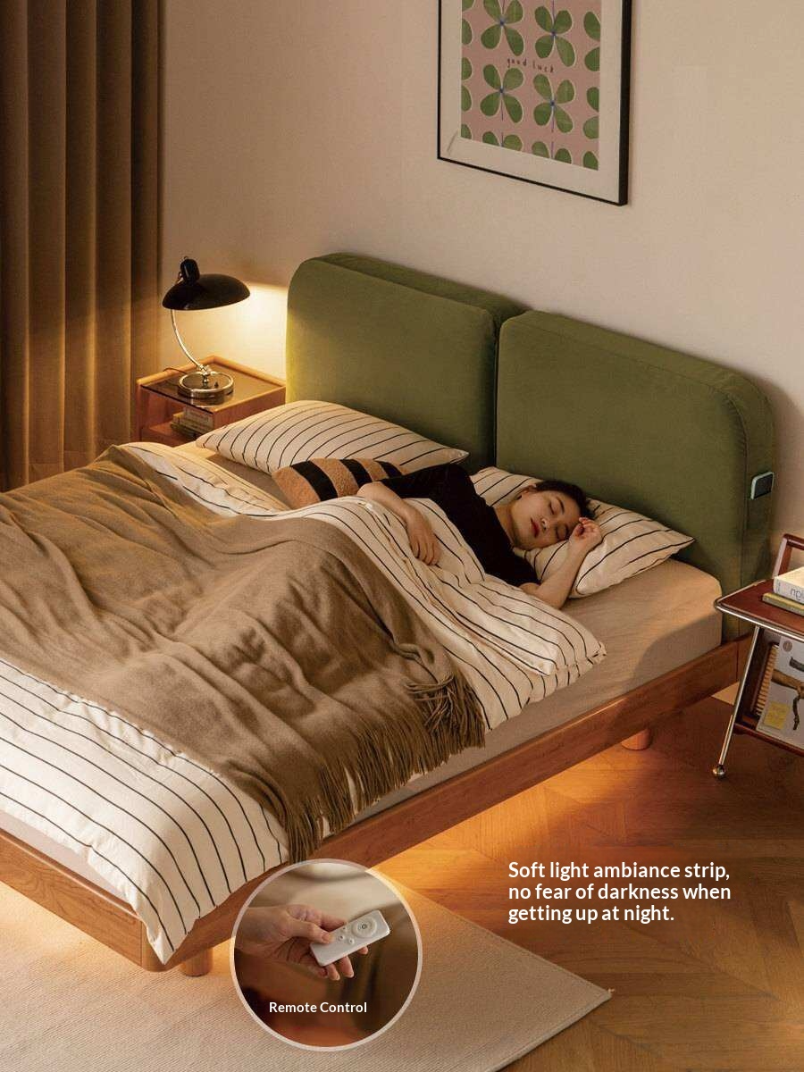 Cherry Solid Wood Upholstered Bed — Platform Bed, Headboard-Free Bed Floor Style, Simple Floating Bed