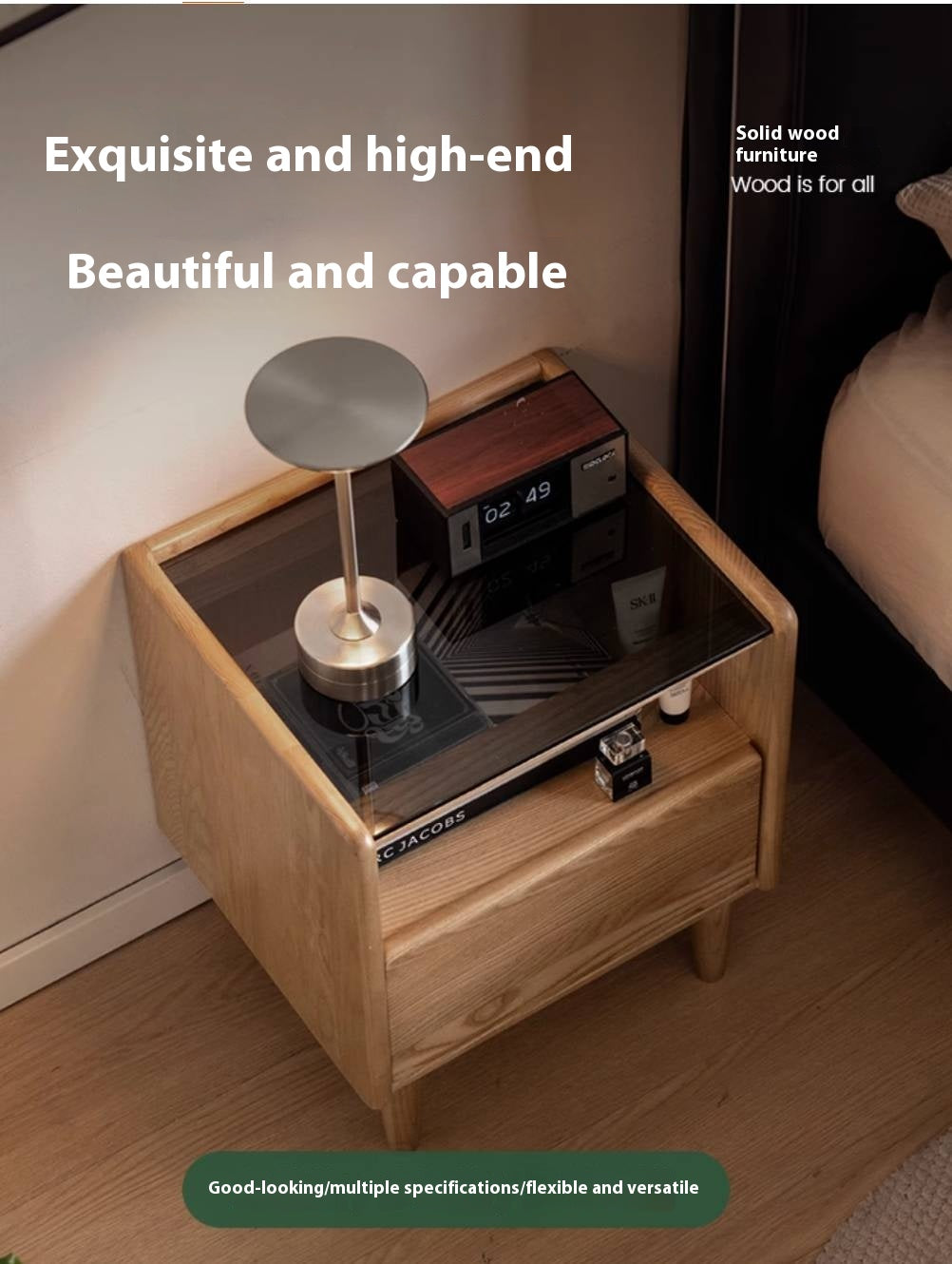 Black walnut, Ash, Cherry, Poplar, Solid Rubberwood Modern Nightstand.
