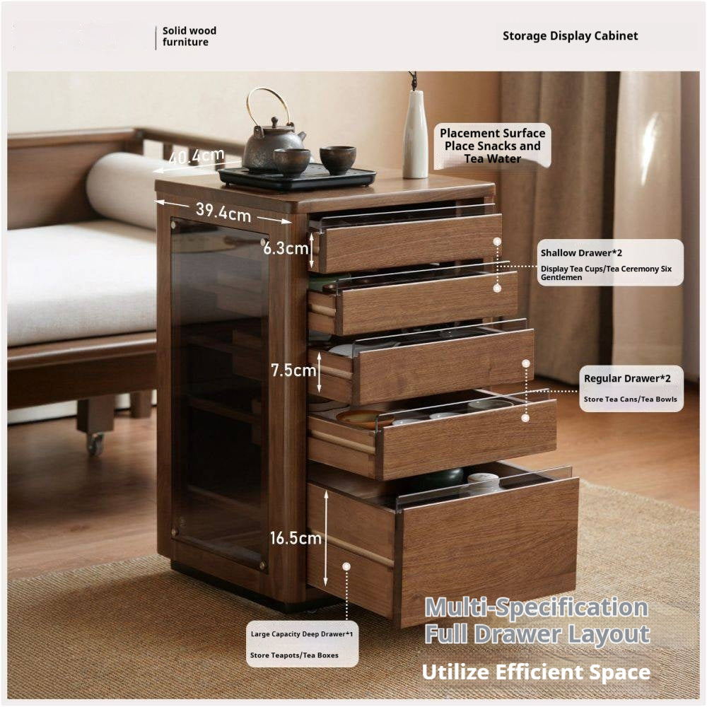 Black Walnut Solid Wood Tea Set Storage Rolling Side Cabinet with Fluted Drawers