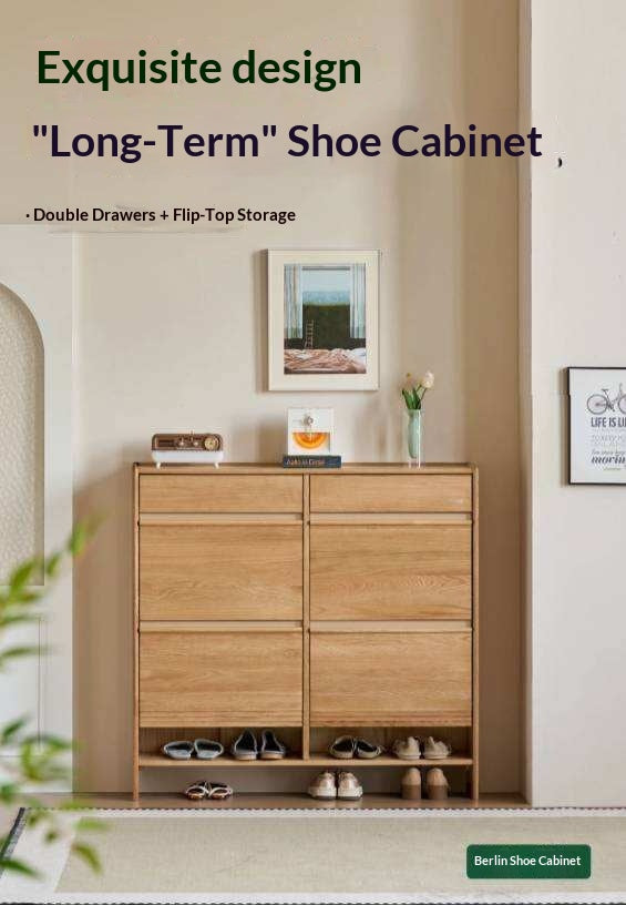 Oak Solid Wood Slim Entryway Shoe Cabinet with Tilt-Out Compartments and Drawers