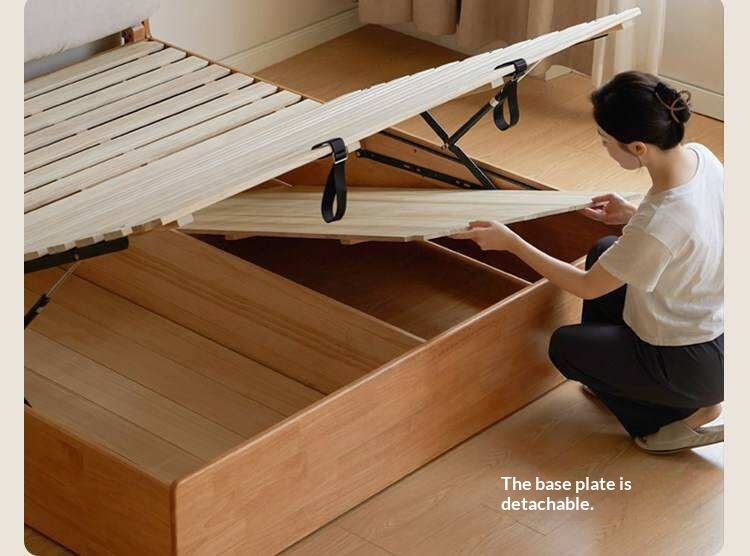 Rubberwood Solid Wood Storage Bed with Lift-Up Base and Soft Upholstered Headboard
