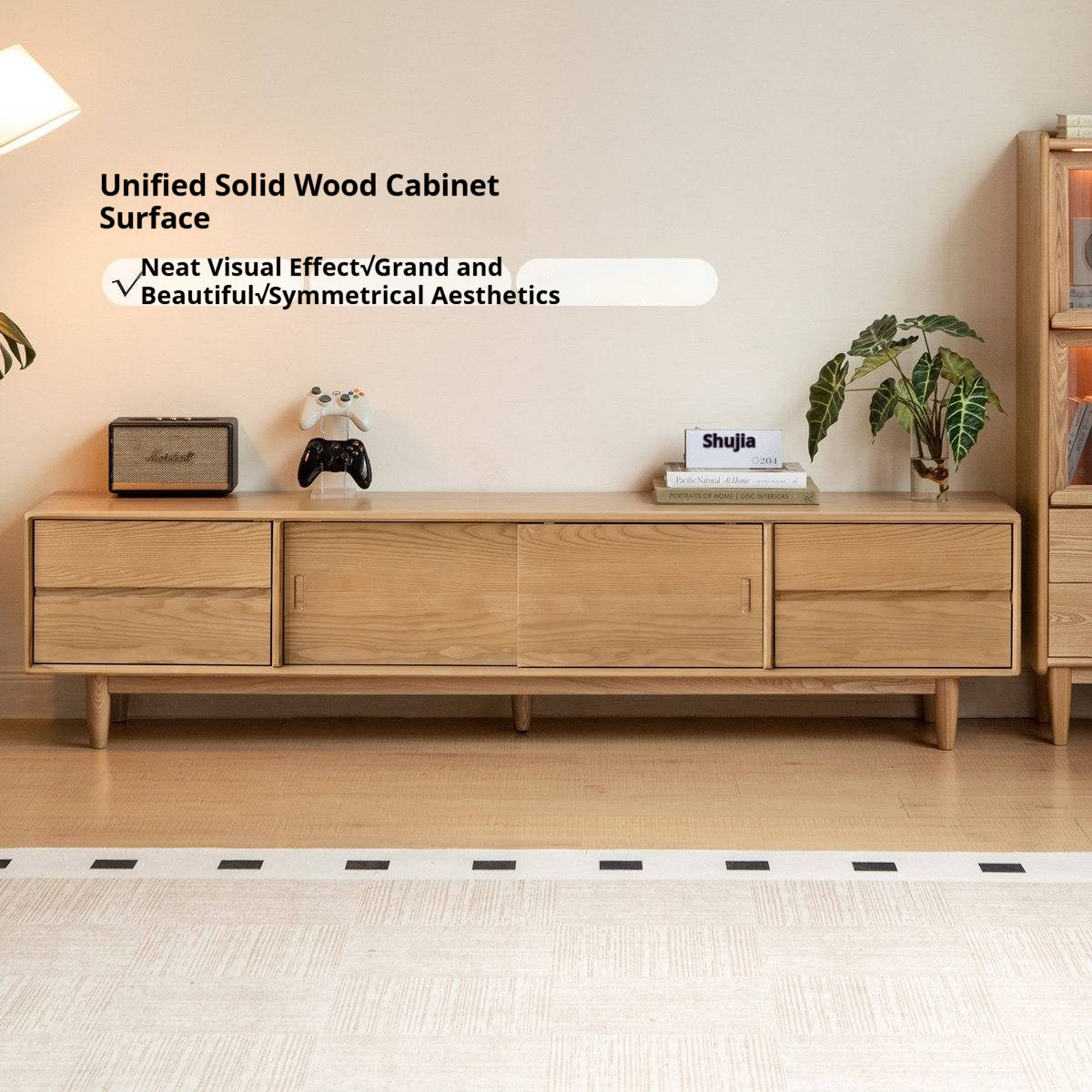 White Ash, Ash Solid Wood TV Stand with Sliding Doors and Sleek Finish