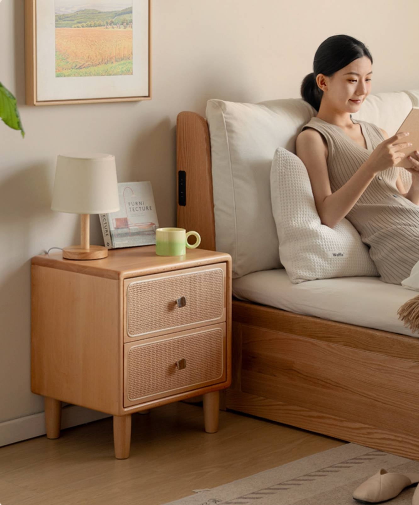 Beech Solid Wood Rattan Log Style Nightstand