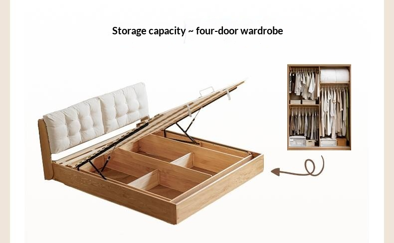 Oak Solid Wood with Upholstered Headboard Luminous Box Bed Cream Style