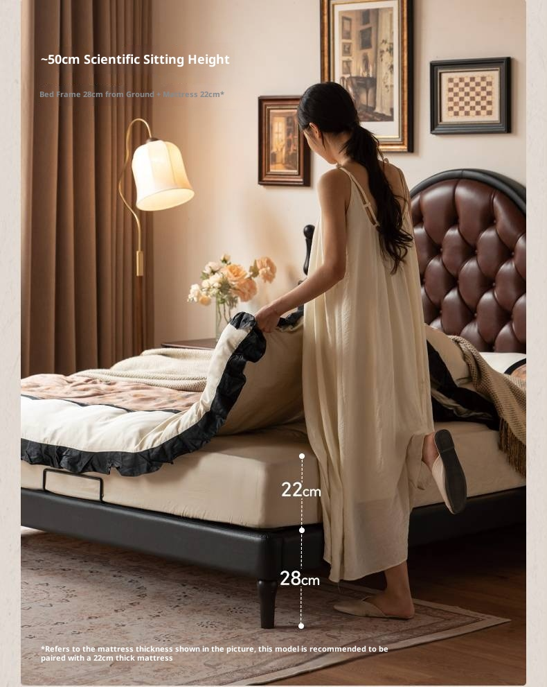 Genuine Leather Elegant Soft Backrest Bed, French Retro