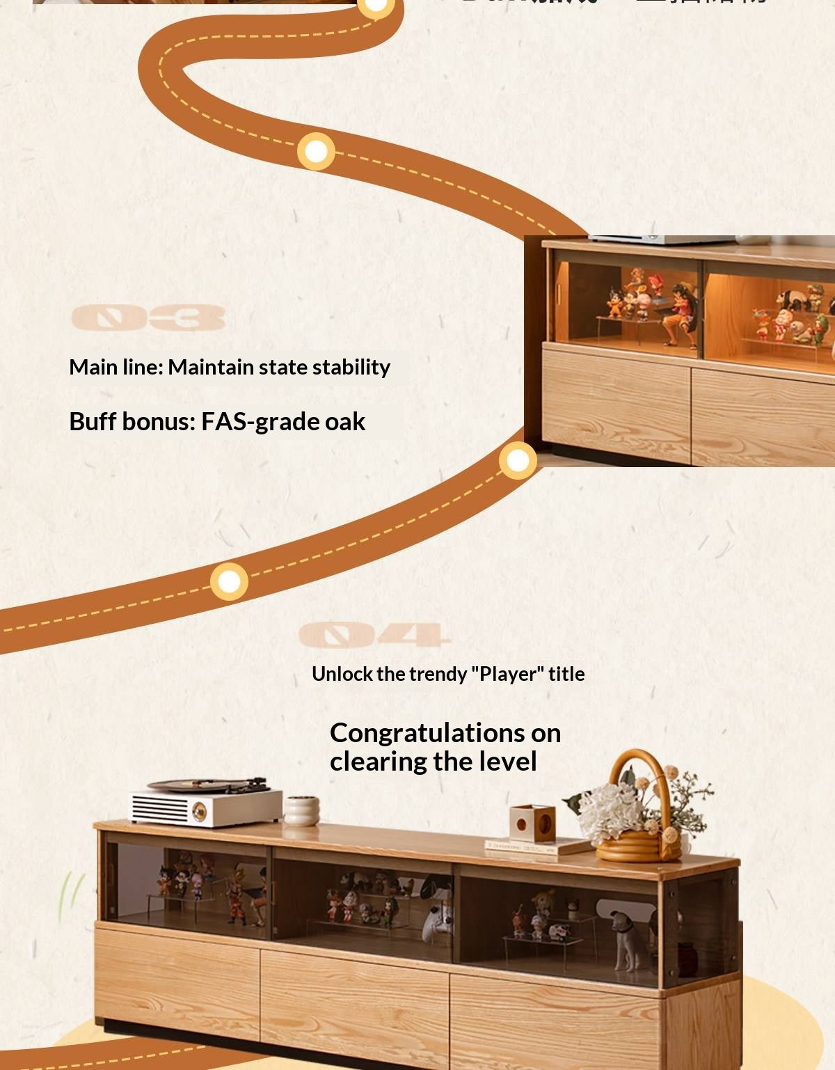 Oak Solid Wood TV Console with Illuminated Glass Display Case and Drawer Storage