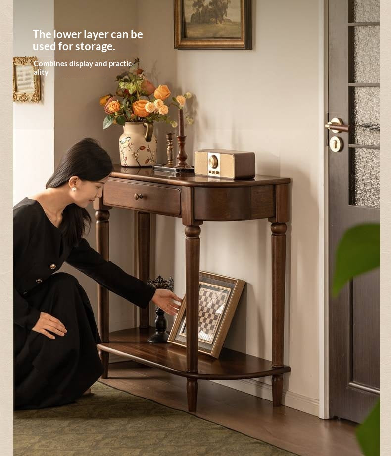 Sandalwood Solid Wood Traditional Demilune Console Table with Turned Legs and Drawer