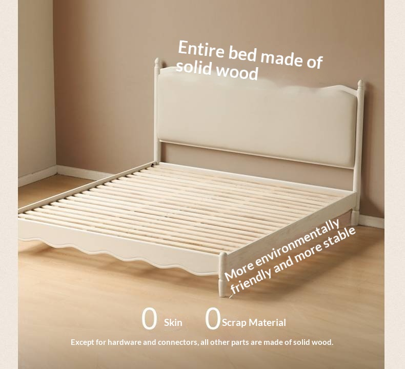 Rubberwood Solid Wood Upholstered Bed Retro Style White Bed