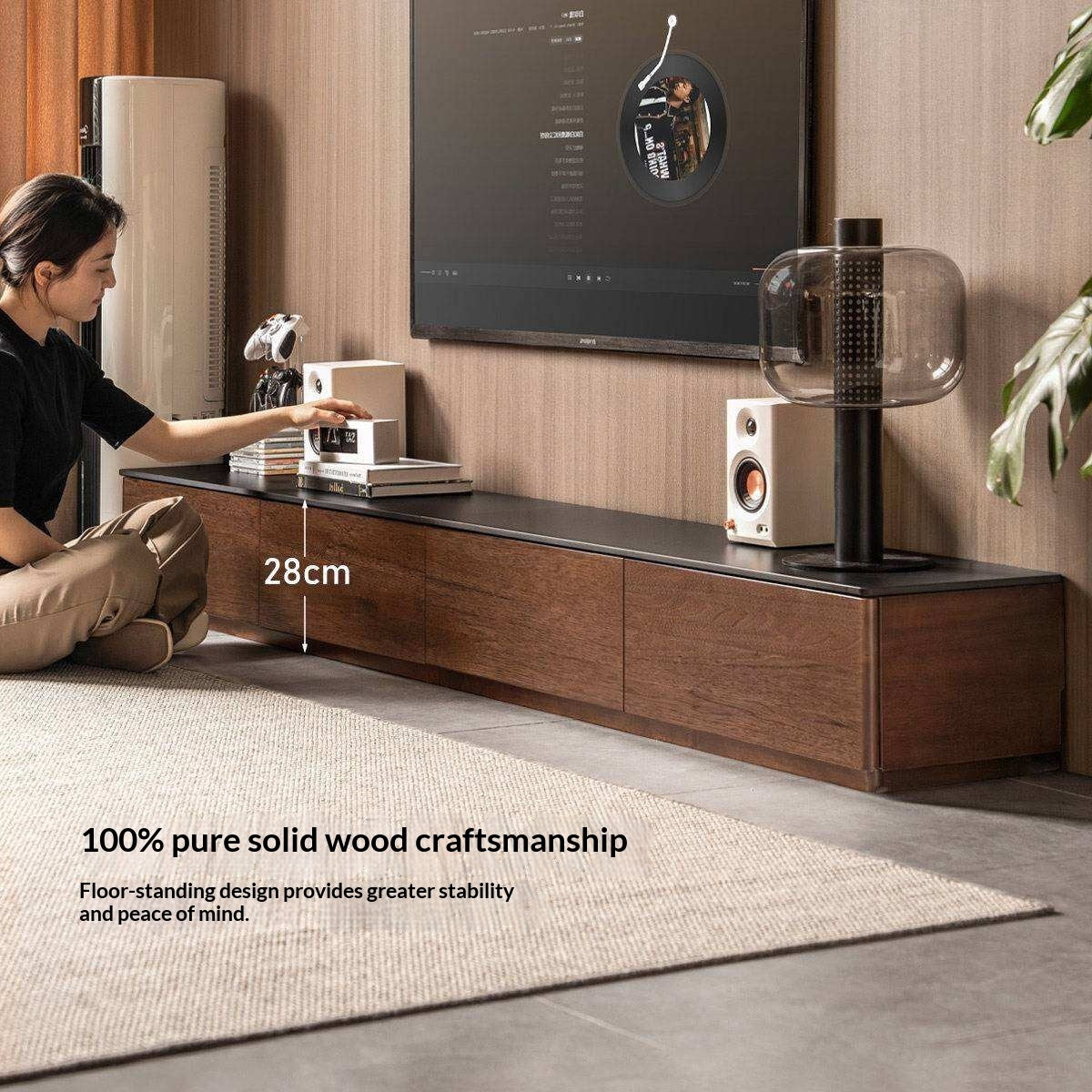 Catalpa Solid Wood TV Cabinet with Storage Drawers, Media Console with Slate Top