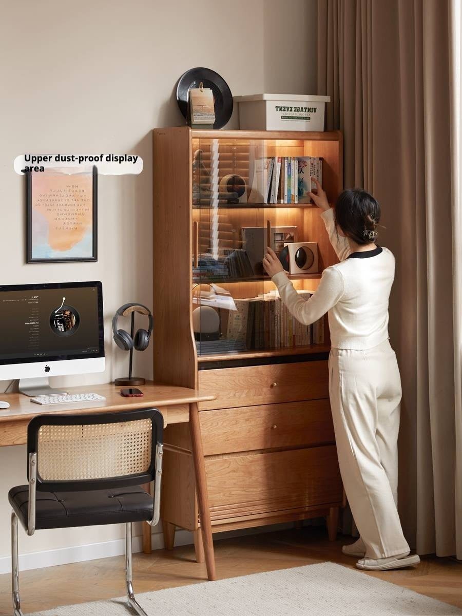 Cherry Solid Wood Glass Bookcase.