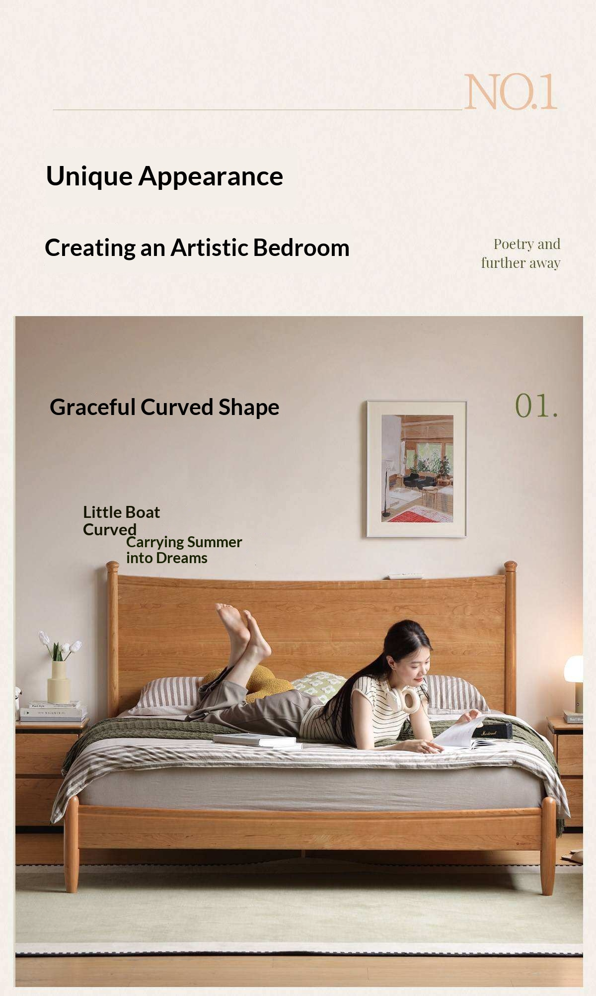 Cherry Solid Wood Nordic Platform Bed with Curved Panel Headboard