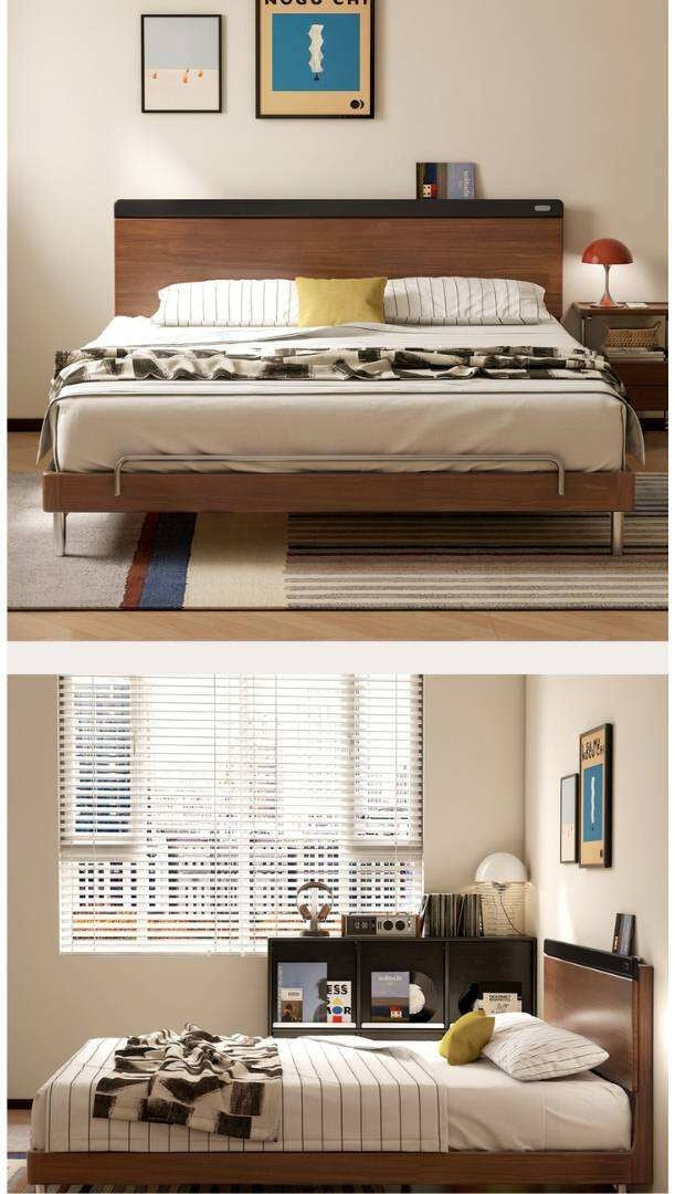 Rubberwood Solid Wood Platform Bed with Metal Legs and Two-Tone Headboard