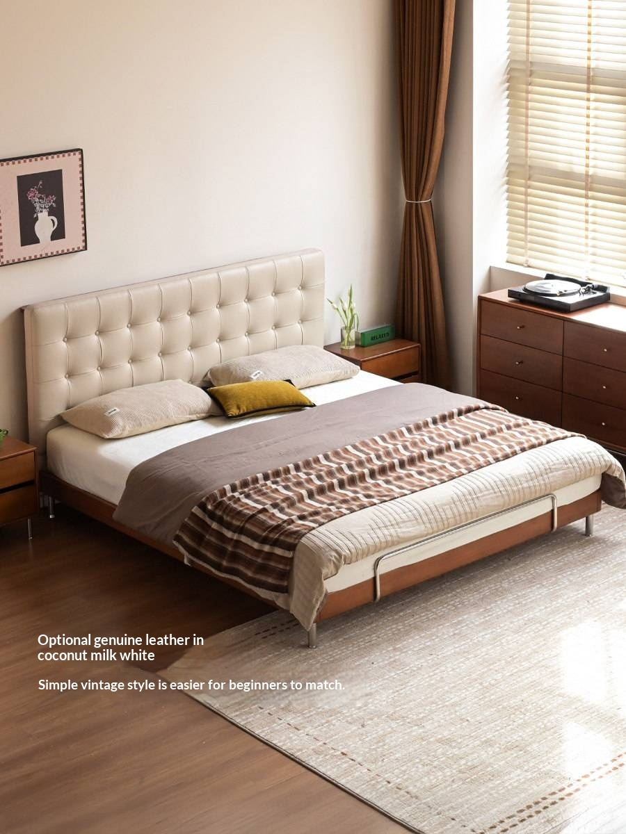 Tulipwood Solid Wood Bed — Bauhaus Style with Soft Genuine Leather Headboard