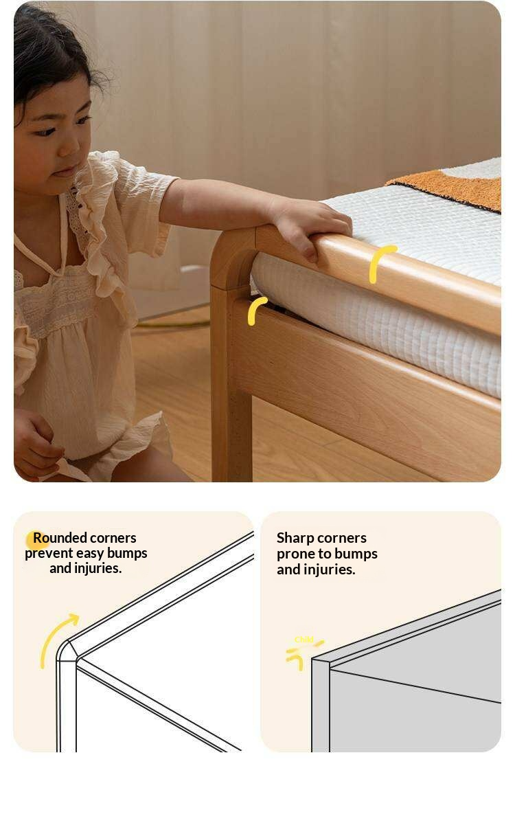 Beech Solid Wood Kids Bed with Adjustable Height and Rounded Corner Headboard