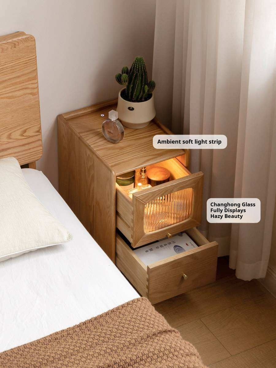 Oak, Beech Solid Wood Nightstand With Light
