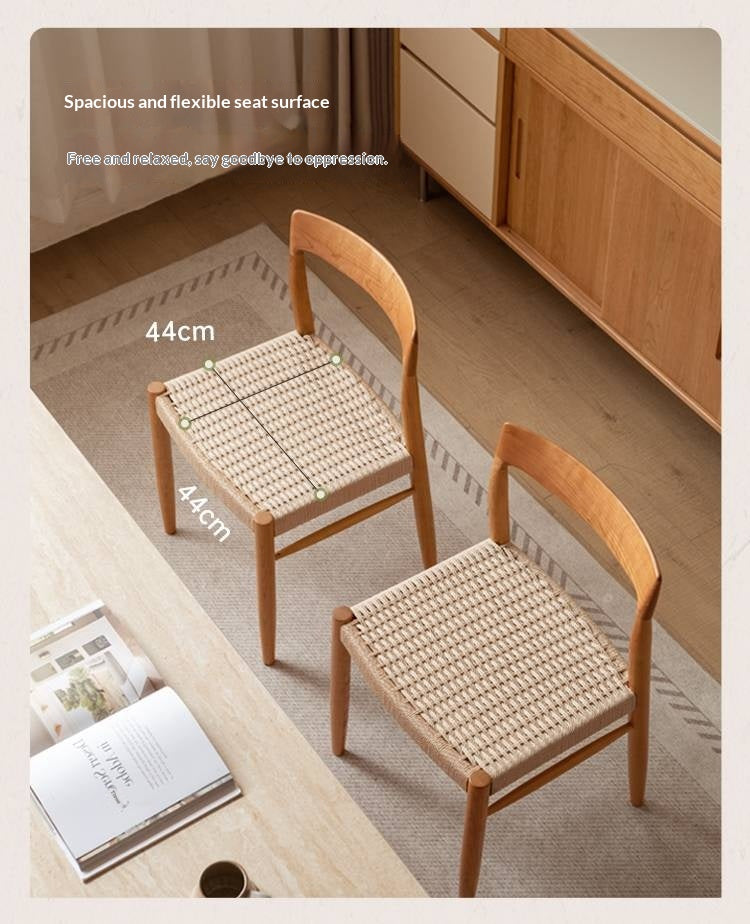 4 pcs -Cherry Solid Wood Dining Chair with Woven Cord Seat, Scandinavian Modern