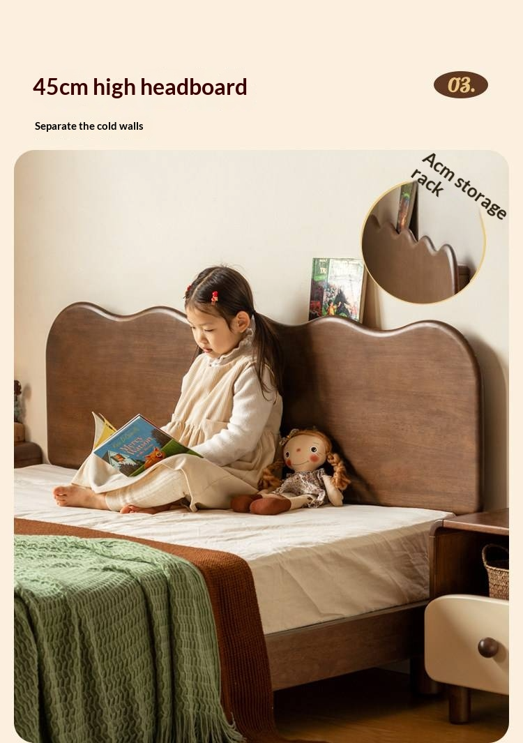 Rubberwood Solid Wood Low Kids Bed with Removable Legs and Adjustable Headboard Height