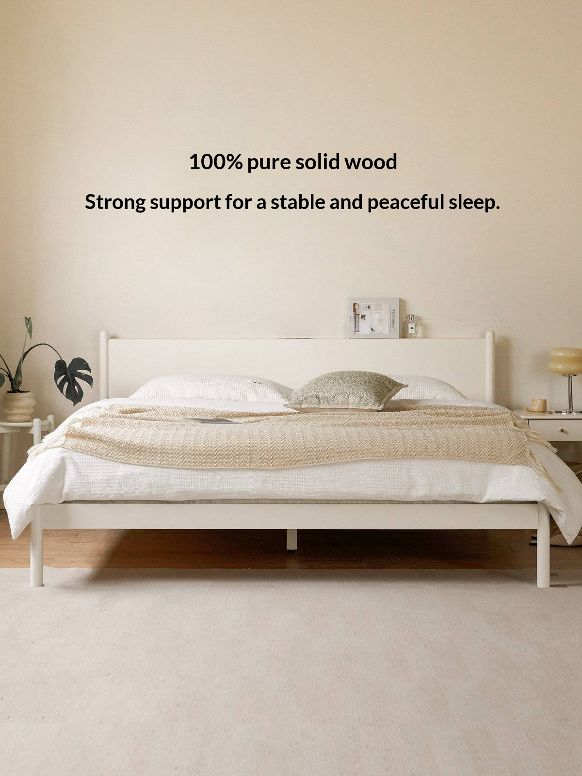Pine Solid Wood Bed — Nordic Minimalist Cream Style Large Bed
