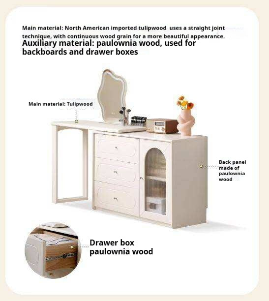 Tulipwood , Solid Rubberwood French Cream Style Retractable Vanity Table.