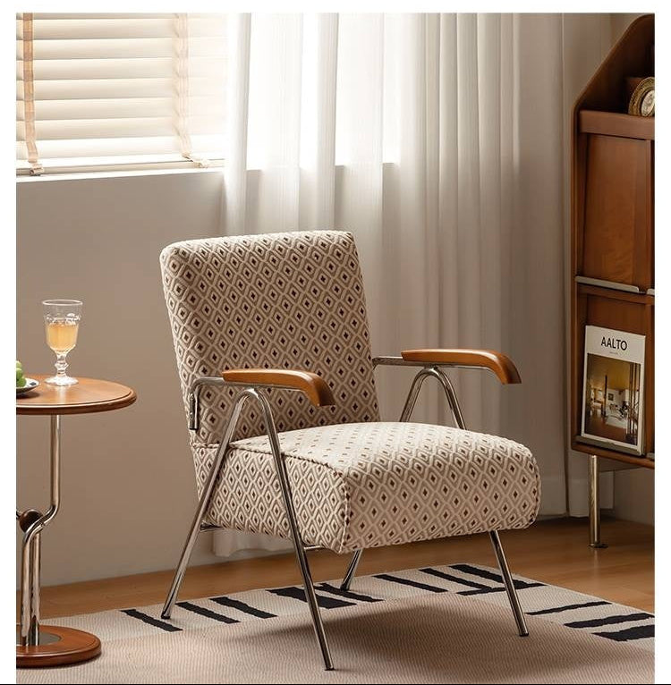 Beech Solid Wood Retro Fabric Lounge Chair – Metal Frame Accent Chair