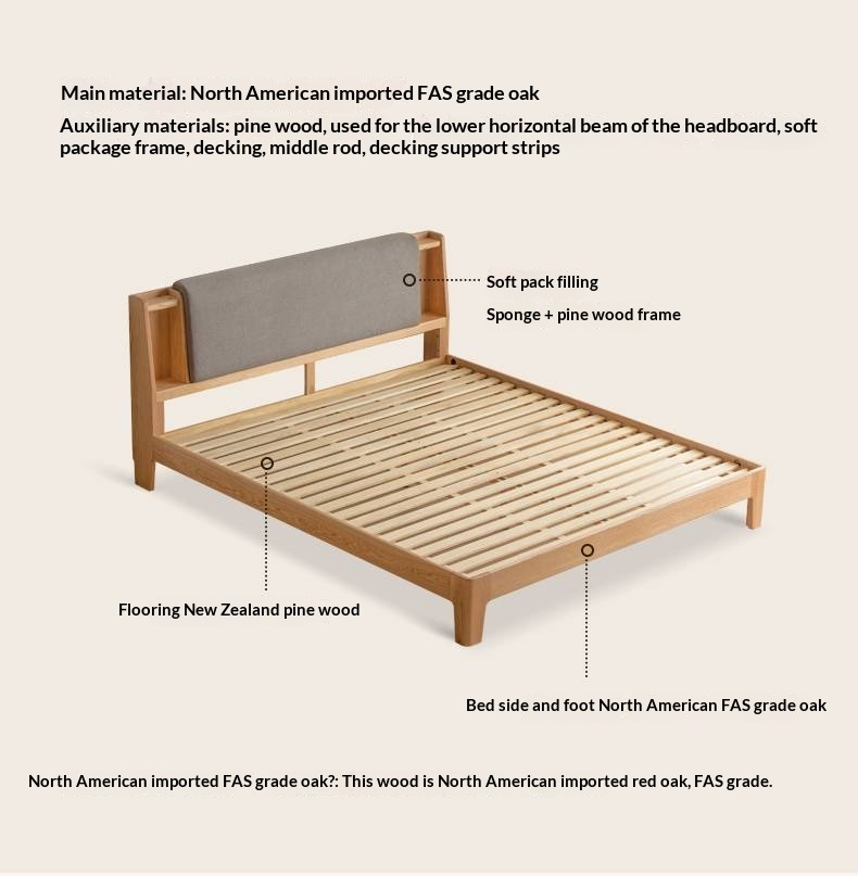 Oak Solid Wood Bed with Genuine Leather and Light Upholstery