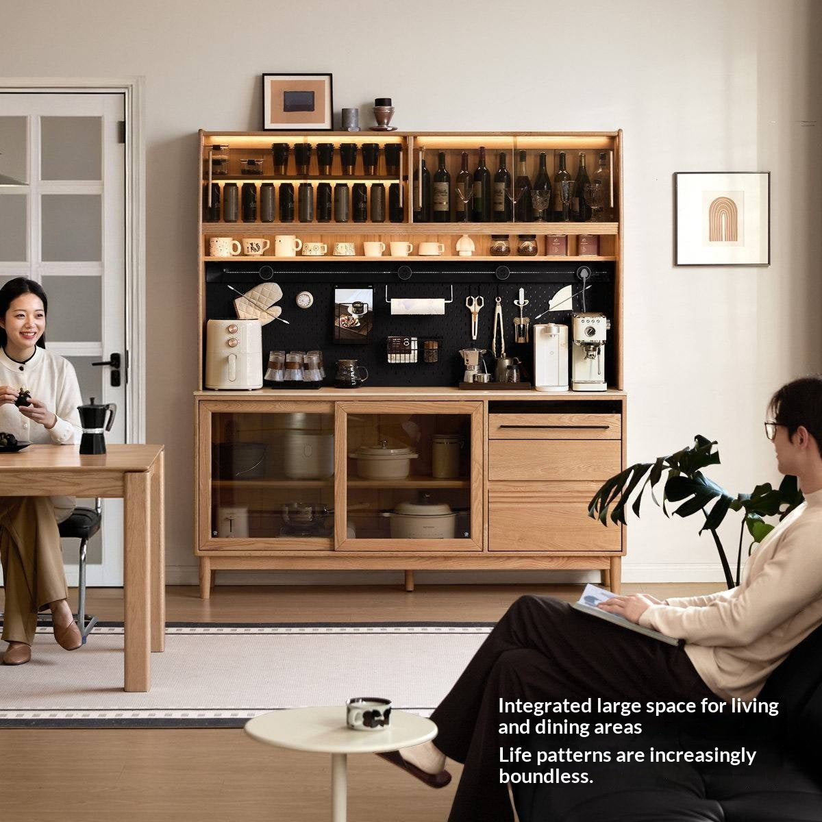 Oak Solid Wood Buffet Cabinet with Slab Surface, Sideboard