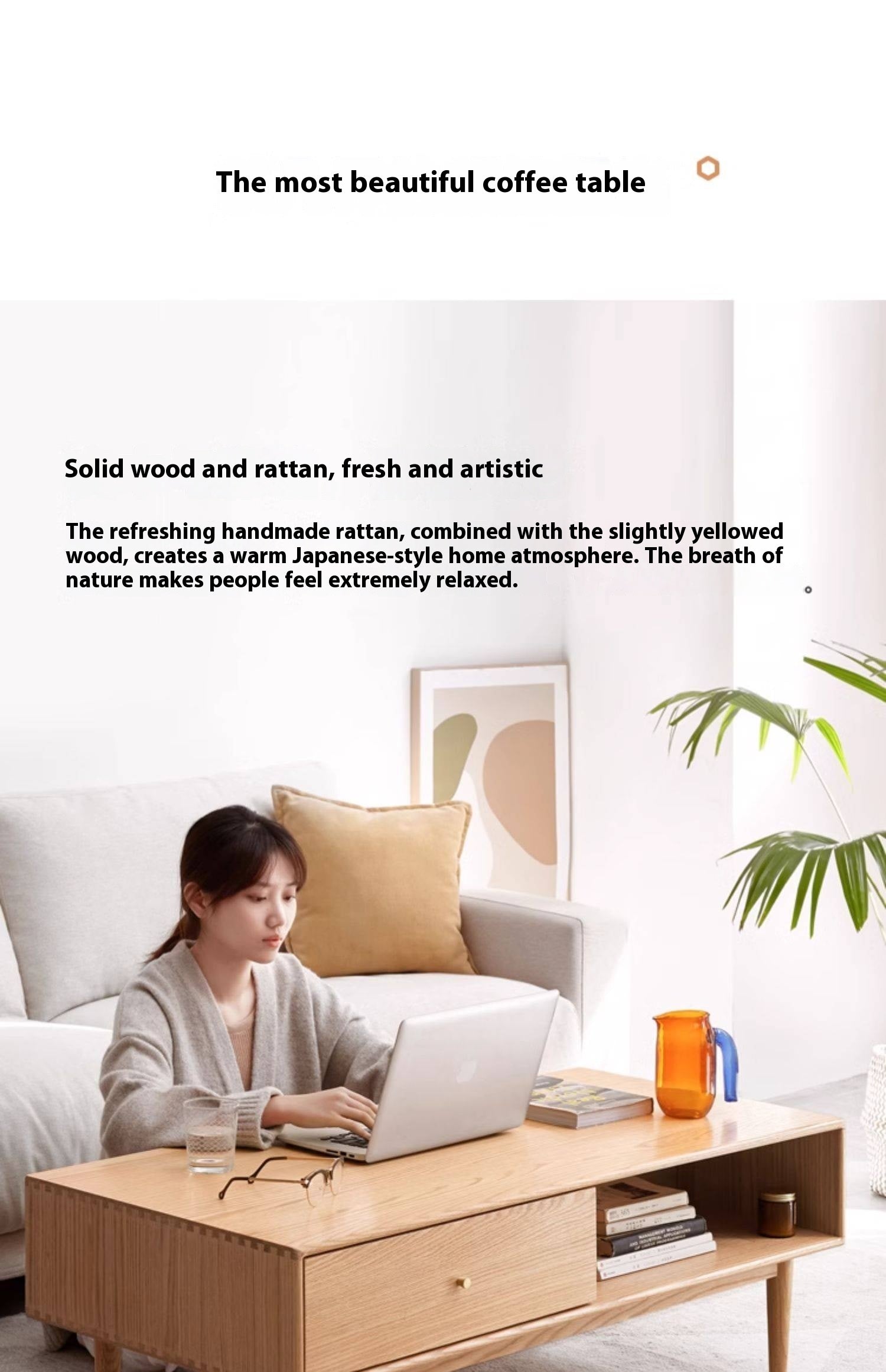 Oak Solid Wood Modern Style Rattan Coffee Table