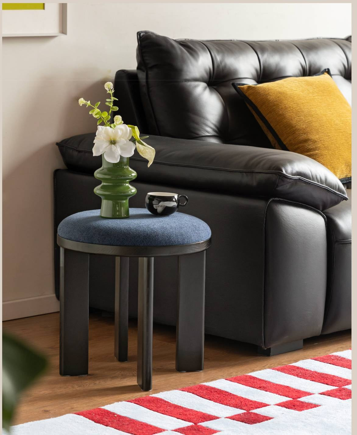 Ash Solid Wood Round Upholstered Stool with Slab Wood Legs