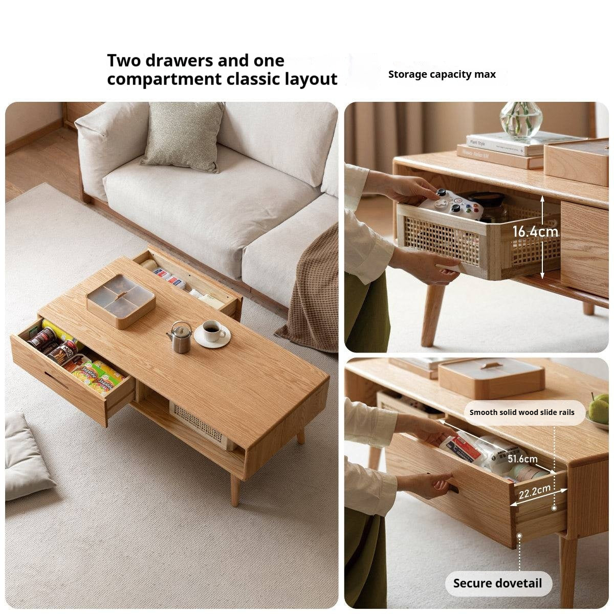 Oак, Beech Solid Wood, Solid Rubberwood Modern Coffee Table