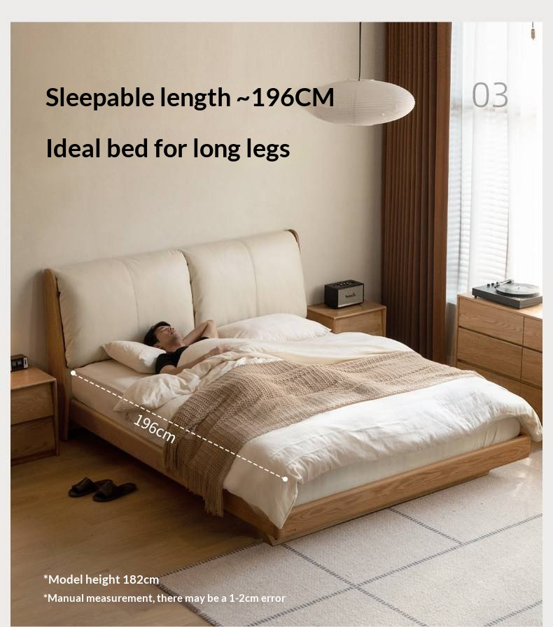 Oak Solid Wood Bed — Italian Light Luxury with White Genuine Leather and Soft Backrest