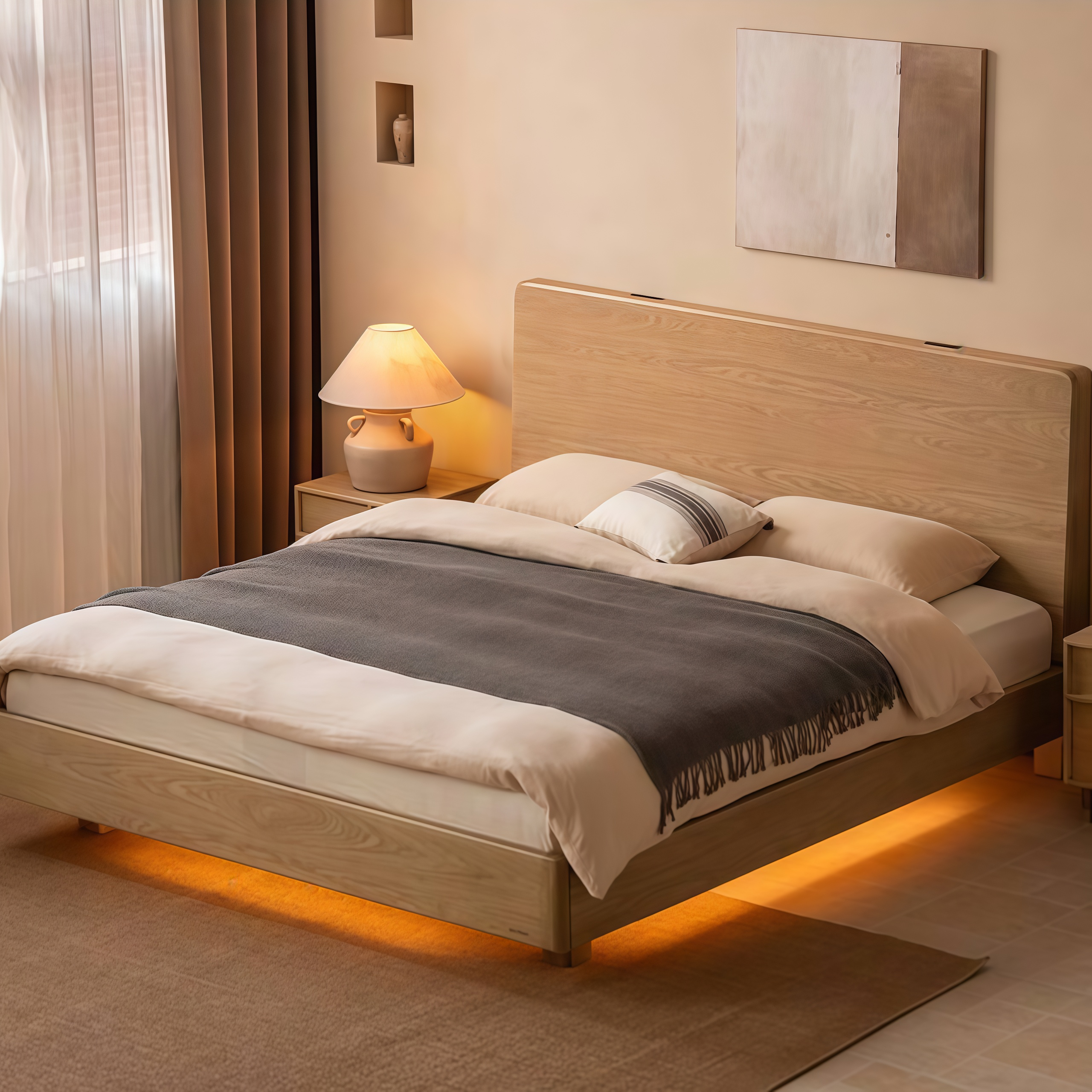 Ash Solid Wood Bed — Modern Minimalist Large Slab Design with Luminous Features
