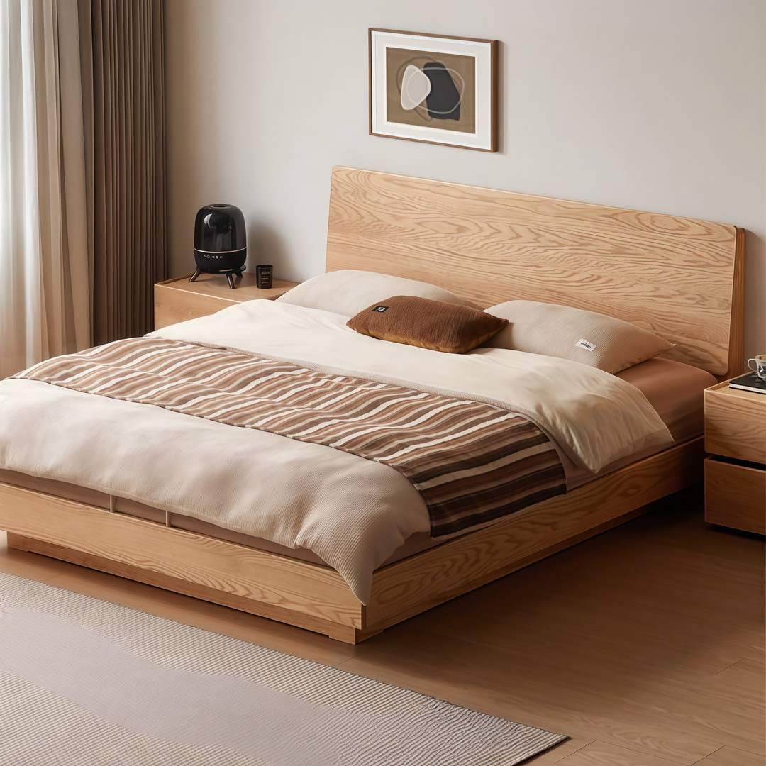 Oak Solid Wood Bed — Modern Minimalist Slab Box Design