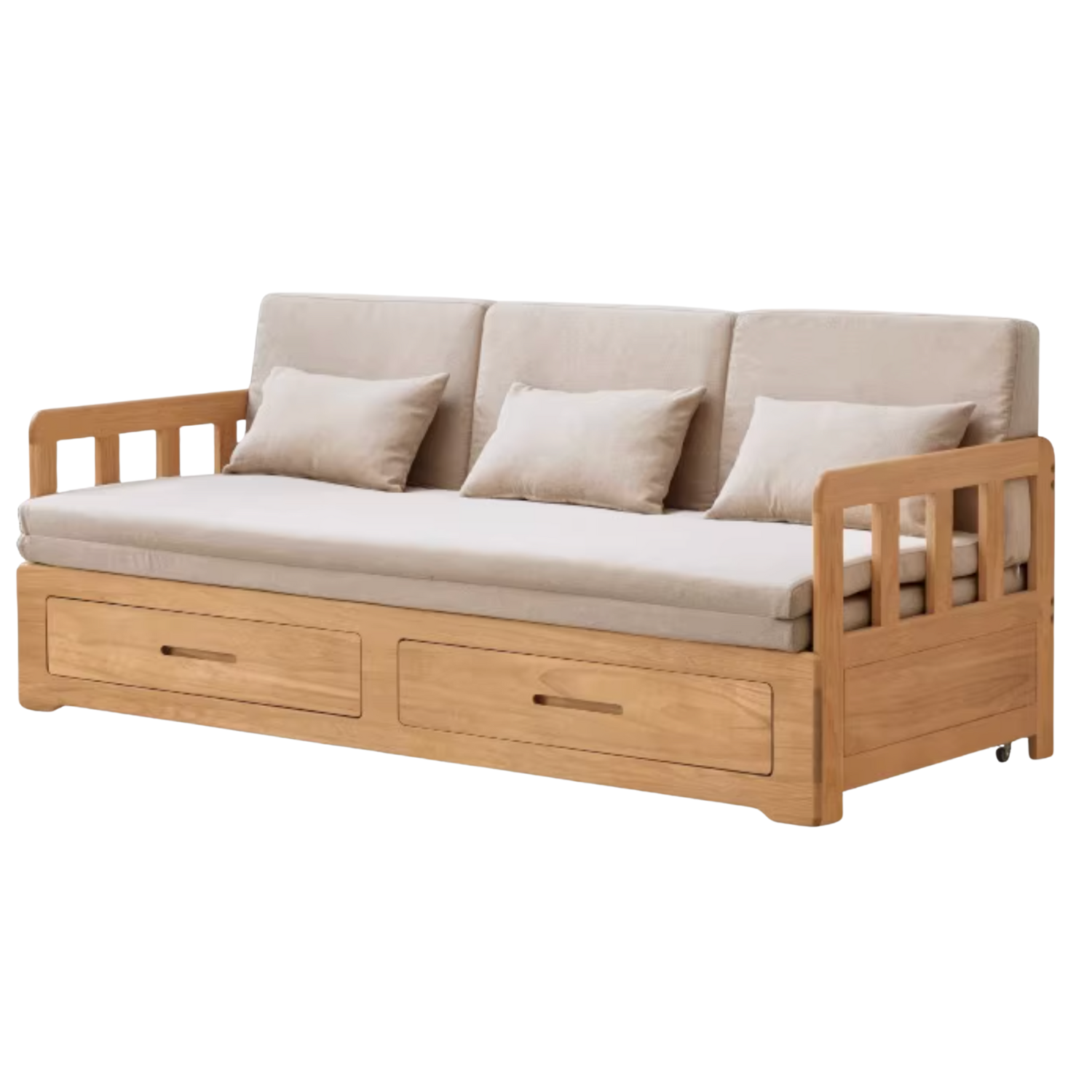 Oak, Solid Rubberwood Sofa Bed Folding Retractable Storage.