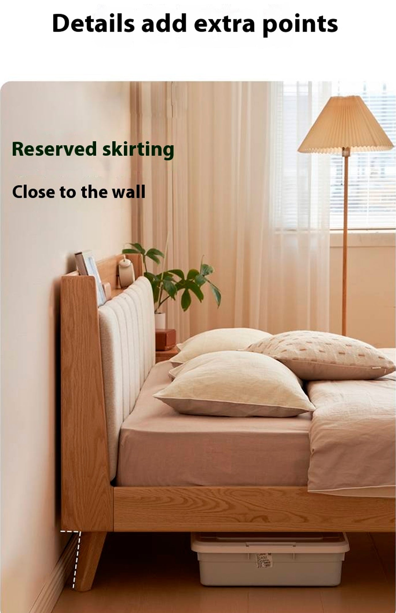 Oak Solid Wood Bed — Modern Minimalist Design with Upholstered Headboard and Piano Key Style