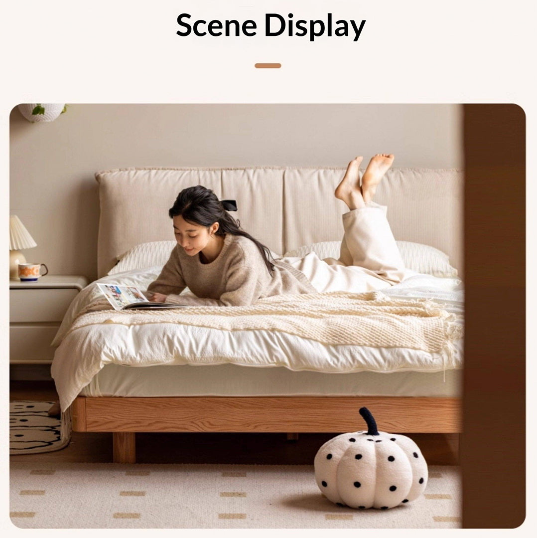 Oak Solid Wood Bed — Cream Style Upholstered Suspended Luminous Bed