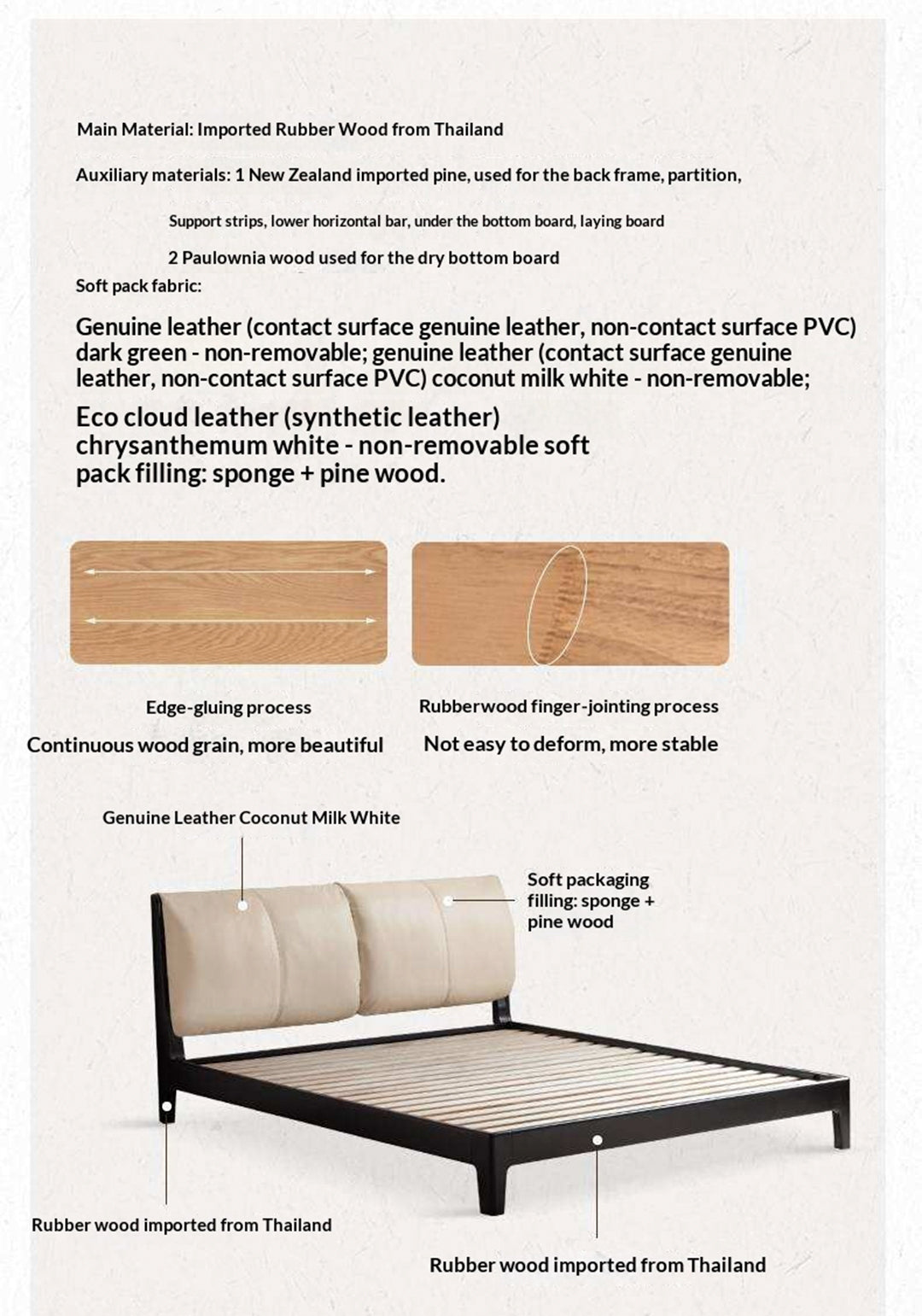 Rubberwood Solid Wood Genuine leather, Fabrics Simple Soft Double Bed